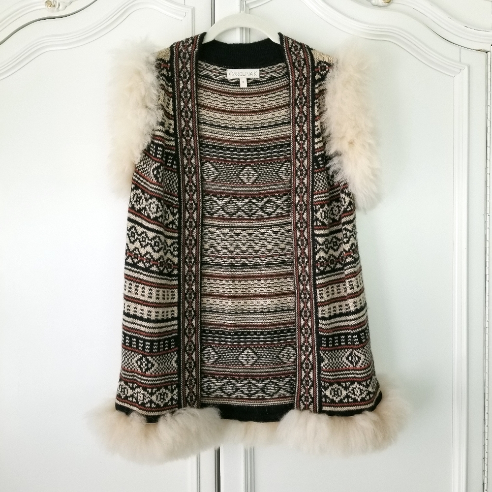 Carolina K Black Beige Fair Isle Alpaca Blend Fur Trim Open Sweater Vest Small